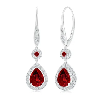 Angara Lab-grown Round And Pear Ruby Halo Leverback Earrings In Metallic