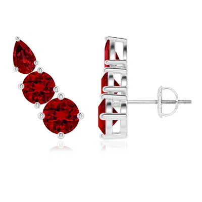 Angara Lab-grown Round And Pear Ruby Three Stone Climber Earrings In Metallic