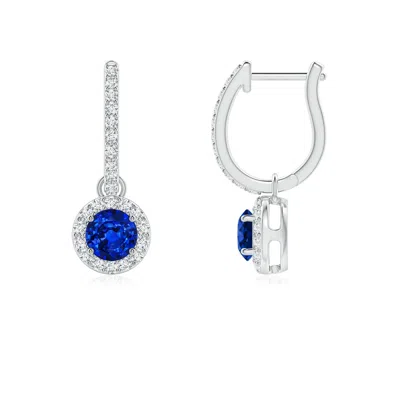 Angara Lab-grown Round Blue Sapphire Dangle Earrings With Lab Diamond Halo In Metallic