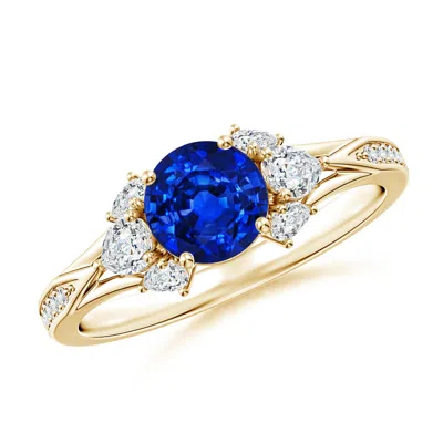 Angara Lab-grown Round Blue Sapphire Engagement Ring With Lab Pear Diamonds In Gold