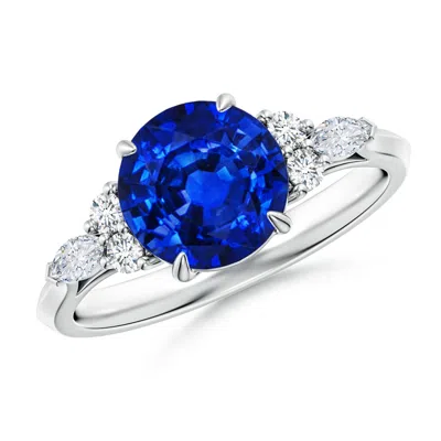 Angara Lab-grown Round Blue Sapphire Side Stone Engagement Ring With Diamonds
