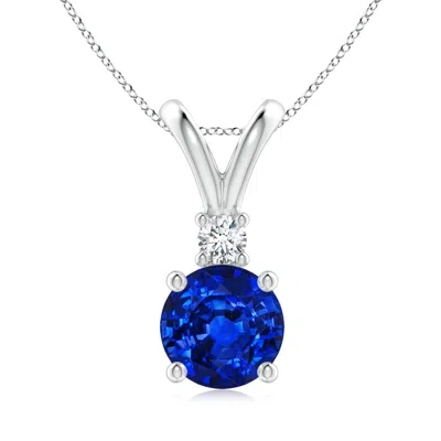 Angara Lab-grown Round Blue Sapphire Solitaire V-bale Pendant With Lab Diamond