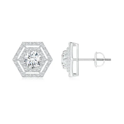 Angara Lab-grown Round Diamond Hexagonal Floating Double Halo Studs In Metallic