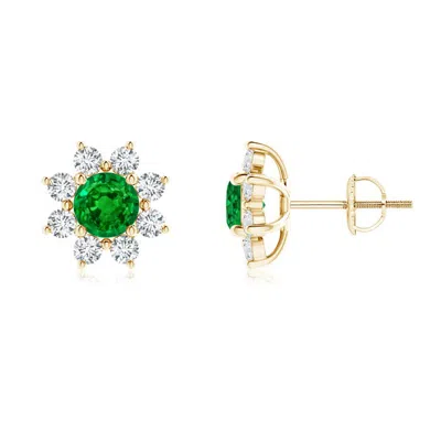 Angara Lab-grown Round Emerald And Diamond Flower Stud Earrings In Green