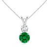Angara Lab-grown Round Emerald And Diamond Two Stone Pendant In White Gold/rich Green