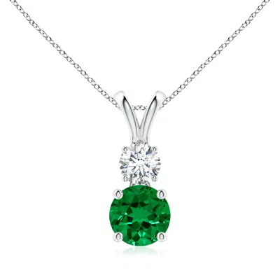 Angara Lab-grown Round Emerald And Diamond Two Stone Pendant In Green