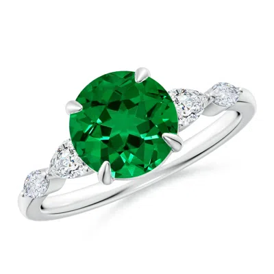 Angara Lab-grown Round Emerald Side Stone Engagement Ring In Green