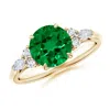 Angara Lab-grown Round Emerald Side Stone Engagement Ring With Diamonds In Yellow Gold/rich Green