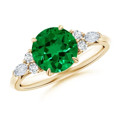 Angara Lab-grown Round Emerald Side Stone Engagement Ring With Diamonds In Green