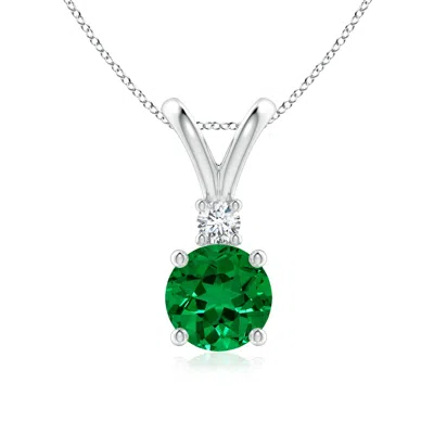 Angara Lab-grown Round Emerald Solitaire V-bale Pendant With Lab Diamond In Metallic