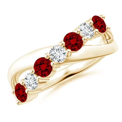 Angara Lab-grown Round Ruby And Diamond Crossover Ring In Gold