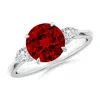 Angara Lab-grown Round Ruby And Pear Diamond Three Stone Engagement Ring In White Gold/deep Rich Red