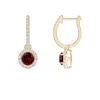Angara Lab-grown Round Ruby Dangle Earrings With Lab Diamond Halo In Yellow Gold/deep Rich Red
