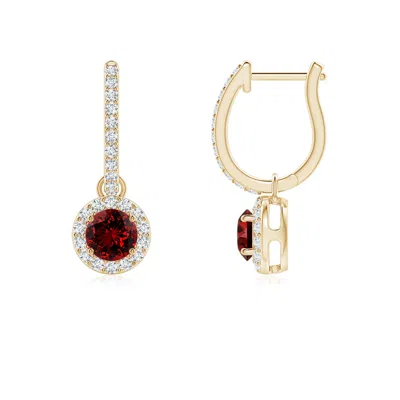 Angara Lab-grown Round Ruby Dangle Earrings With Lab Diamond Halo In Gold