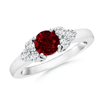Angara Lab-grown Round Ruby Solitaire Ring With Trio Diamonds In Red