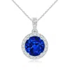 Angara Lab-grown Round Sapphire Dangle Pendant With Lab Diamond Halo In White Gold/deep Rich Blue