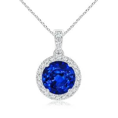 Angara Lab-grown Round Sapphire Dangle Pendant With Lab Diamond Halo In Metallic