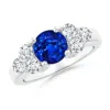 Angara Lab-grown Round Sapphire Solitaire Ring With Trio Diamonds In White Gold/deep Rich Blue