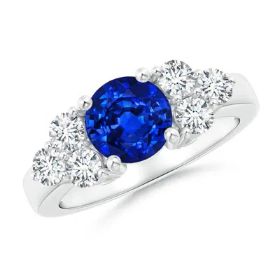 Angara Lab-grown Round Sapphire Solitaire Ring With Trio Diamonds In Blue