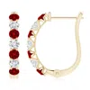 Angara Lab-grown Ruby And Diamond Huggie Hoop Earrings In Yellow Gold/deep Rich Red