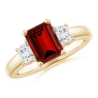 Angara Lab-grown Ruby And Lab Diamond Three Stone Ring In Gold