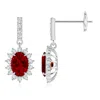Angara Lab-grown Ruby Dangle Earrings With Floral Lab Diamond Halo In White Gold/deep Rich Red