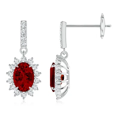 Angara Lab-grown Ruby Dangle Earrings With Floral Lab Diamond Halo In Metallic