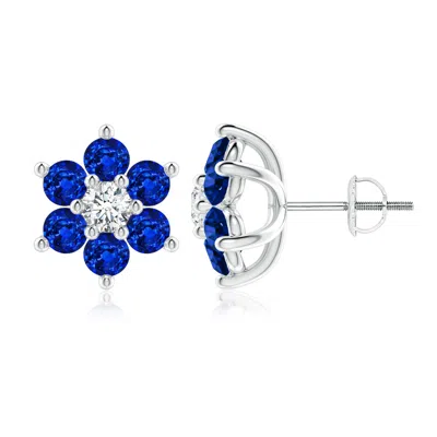 Angara Lab-grown Six Petal Blue Sapphire And Lab Diamond Flower Stud Earrings