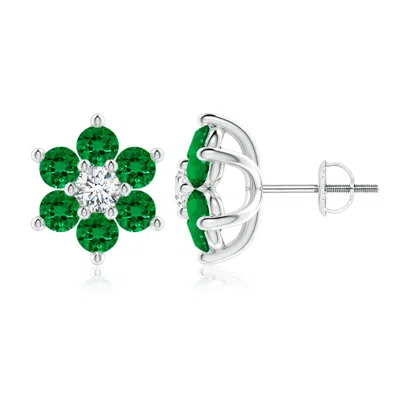 Angara Lab-grown Six Petal Emerald And Lab Diamond Flower Stud Earrings In Green