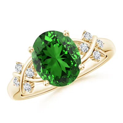 Angara Lab-grown Solitaire Oval Emerald Criss Cross Ring With Diamonds In Gold
