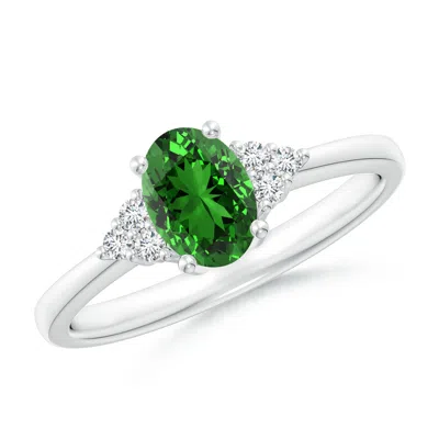 Angara Lab-grown Solitaire Oval Emerald Ring With Trio Lab Diamond Accents In Metallic