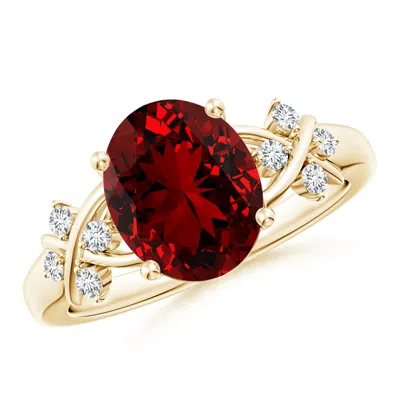 Angara Lab-grown Solitaire Oval Ruby Criss Cross Ring With Lab Diamonds In Gold