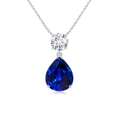 Angara Lab-grown Solitaire Pear Blue Sapphire Drop Pendant With Lab Diamond Accent In Metallic