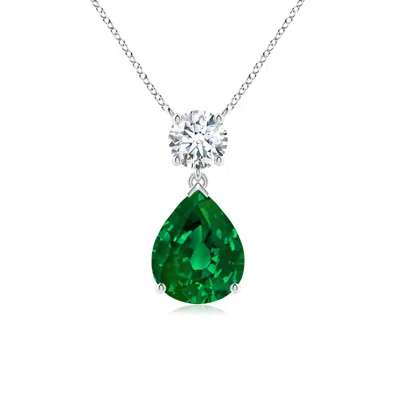 Angara Lab-grown Solitaire Pear Emerald Drop Pendant With Lab Diamond Accent In Green