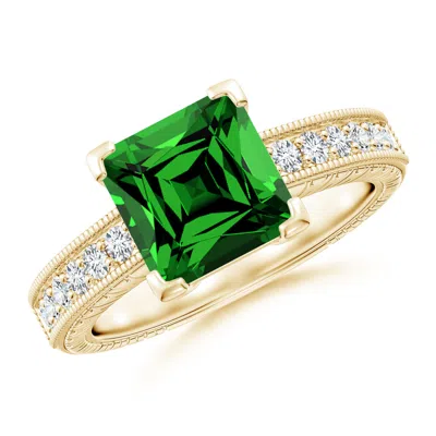 Angara Lab-grown Square Cut Emerald Solitaire Ring With Milgrain Detailing In Gold