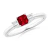 Angara Lab-grown Square Ruby And Princess Diamond Three Stone Ring In White Gold/deep Rich Red