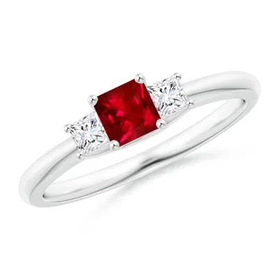 Angara Lab-grown Square Ruby And Princess Diamond Three Stone Ring In Red