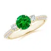 Angara Lab-grown Three Stone Emerald And Diamond Knife-edge Shank Ring In Yellow Gold/rich Green