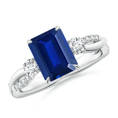 Angara Lab-grown Three Stone Emerald-cut Blue Sapphire & Round Diamond Engagement Ring