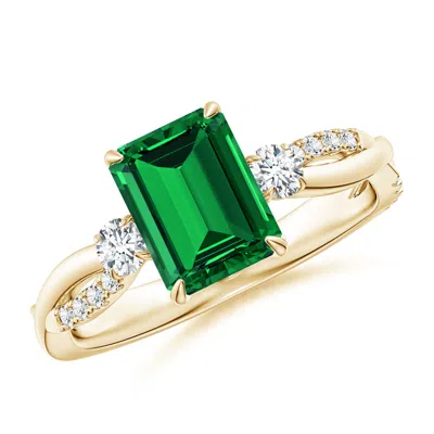 Angara Lab-grown Three Stone Emerald-cut Emerald & Round Diamond Engagement Ring In Green