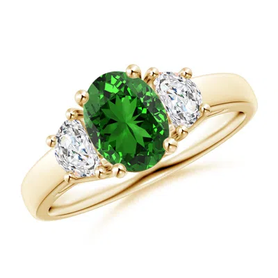 Angara Lab-grown Three Stone Oval Emerald And Half Moon Diamond Ring In Gold