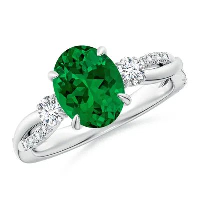 Angara Lab-grown Three Stone Oval Emerald & Round Diamond Engagement Ring In Metallic