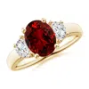Angara Lab-grown Three Stone Oval Ruby And Half Moon Lab Diamond Ring In Yellow Gold/deep Rich Red