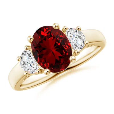 Angara Lab-grown Three Stone Oval Ruby And Half Moon Lab Diamond Ring In Gold