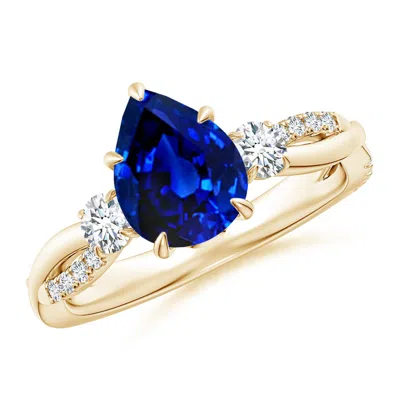 Angara Lab-grown Three Stone Pear Blue Sapphire & Round Diamond Engagement Ring