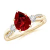 Angara Lab-grown Three Stone Pear Ruby & Round Diamond Engagement Ring In Yellow Gold/deep Rich Red