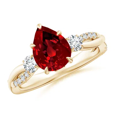Angara Lab-grown Three Stone Pear Ruby & Round Diamond Engagement Ring In Gold