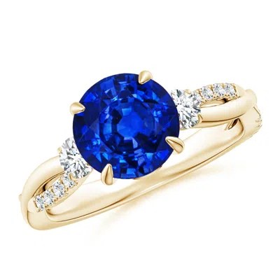 Angara Lab-grown Three Stone Round Blue Sapphire & Diamond Engagement Ring In Gold