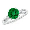 Angara Lab-grown Three Stone Round Emerald & Diamond Engagement Ring In White Gold/rich Green
