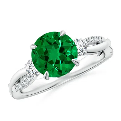 Angara Lab-grown Three Stone Round Emerald & Diamond Engagement Ring In Metallic